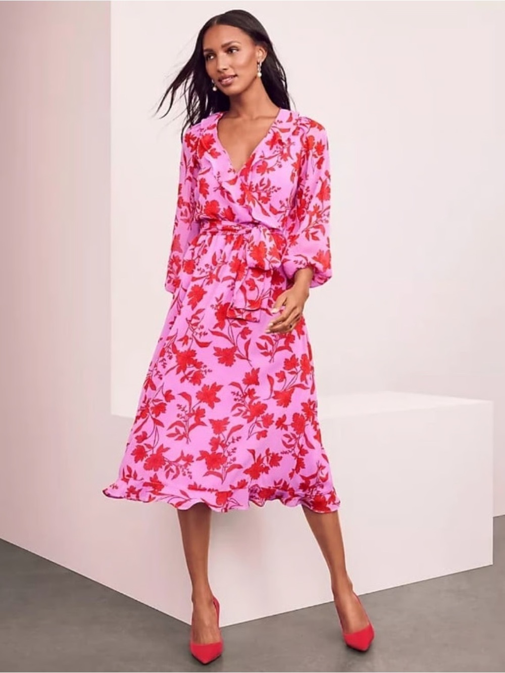 Ann Taylor Pink Midi Dress with Red Floral Print
